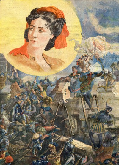 Jeanne Laisne (1456-?), bekannt als Jeanne Fourquet, Spitzname Jeanne Hachette Französische Heldin - Jeanne Hachette bei der Belagerung von Beauvais 1472 - Illustration für Le Petit Journal, 8. Januar 1894. von French School