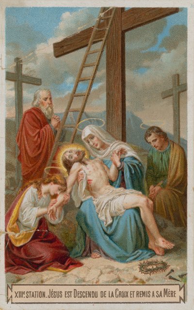Jesus wird vom Kreuz abgenommen und seiner Mutter übergeben. Die dreizehnte Station des Kreuzwegs von French School