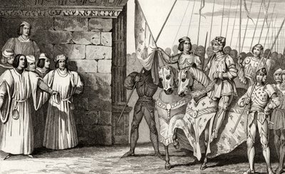 Johanna von Orleans (1412-31) kommt 1429 in Reims an, um der Krönung von Karl VII. (1403-61) beizuwohnen, aus 