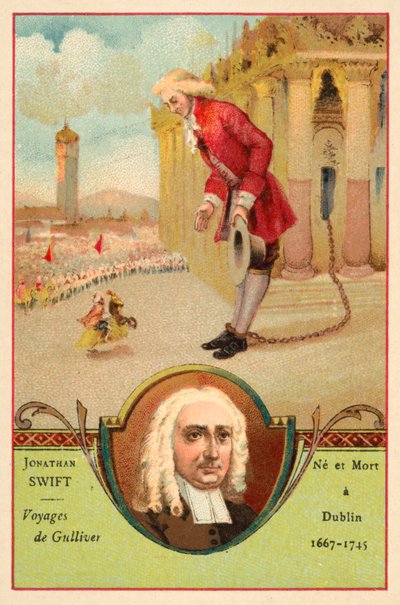 Jonathan Swift, irischer Autor, und eine Szene aus seinem Roman Gullivers Reisen von French School