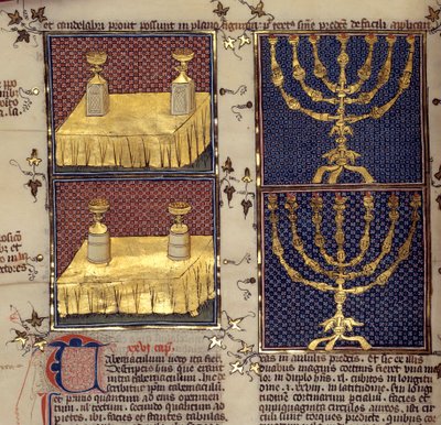 Judentum: „Vorschlagstische und Leuchter, die in hebräischen Riten verwendet werden“ Miniatur aus „Kommentare zur Bibel“ von Nicholas de Lyra (13. Jahrhundert) von French School