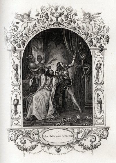 Julius III (Julius oder Iulius oder Giulio) (Papst von 1550 bis 1555) und der junge Bertuccino, die Affenshow. Gravur zur Illustration von Histoire des popes von Maurice Lachatre (1814-1900), librairie du progres, Paris von French School