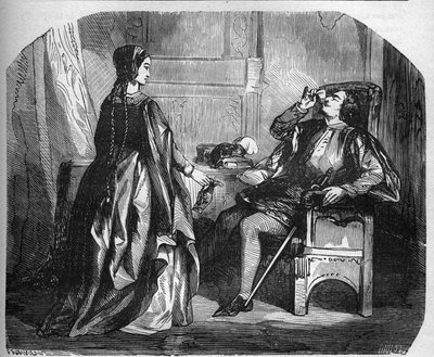 König Karl VI. von Frankreich, bekannt als Karl der Gute, dann Karl der Verrückte (1368-1422) mit seiner Geliebten Odinette (Odette) de Champdivers. Gravur in „Die Geschichte der Prostitution und Ausschweifung bei allen Völkern der Welt von der Antike bis  von French School