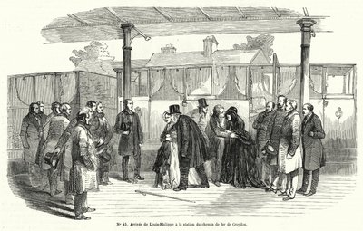 König Louis-Philippe von Frankreich kommt am Bahnhof Croydon an, nachdem er ins Exil gezwungen wurde, Februar 1848 (Stich) von French School