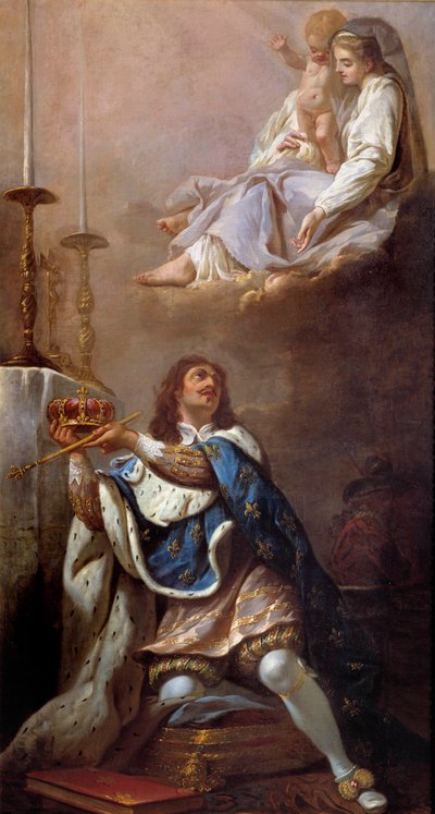 König Ludwig XIII. bietet der Jungfrau Maria seine Krone an von French School