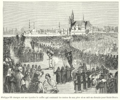 König Philipp III. von Frankreich trägt die Gebeine seines Vaters, Ludwig IX., zu seiner Beerdigung in die Basilika von St. Denis, Paris von French School