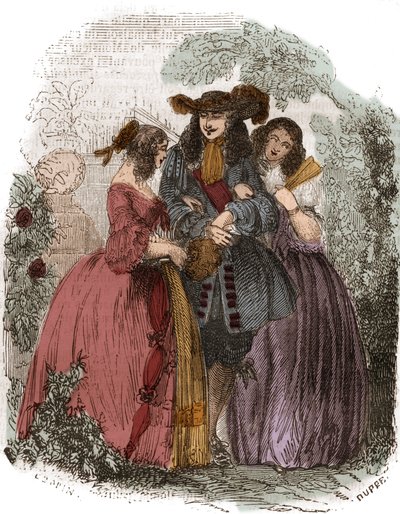 König von Frankreich Ludwig XIV. (1638-1715) mit Hortense Mancini (1646-1699) und seiner Schwester Marie Mancini (1639-1715). Nichten von Mazarin. Gravur aus dem 19. Jahrhundert. von French School