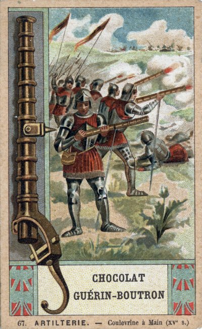 Ritter, der eine Handkulevrine aus dem 15. Jahrhundert manövriert. Chromolithographie des 19. Jahrhunderts von Guérin-Boutron Schokoladen von French School