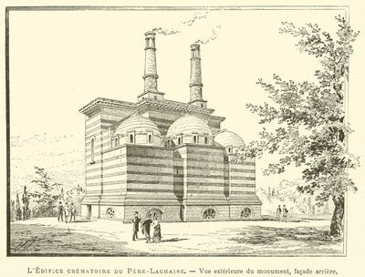 Das Krematoriumsgebäude von Père-Lachaise, Außenansicht des Denkmals, Rückfassade von French School