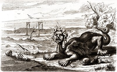 La Fronde (1648-1653): ein monströses Tier mit Schlangenhaaren steht über menschlichen Leichen und Skeletten von French School
