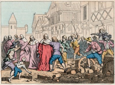 La Fronde (27. August 1648) - Barrikaden in Paris: ein Rotorjunge bedroht den Präsidenten des Parlaments, Mathieu Mole (1584-1656) - Präsident Mole von Aufständischen misshandelt - Gravur Ende des 19. Jahrhunderts in „Nos Gires Nationales - Images et récit von French School