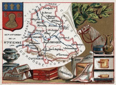 La Haute Vienne, Limousin, Frankreich. Zinn, Blei, Kastanienpapier, Bettlaken, Klee und Taschentücher. Serie über die französischen Departements. Chromolithographie, ca. 1920. Privatsammlung. von French School