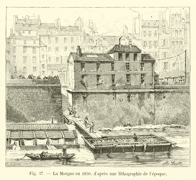 Die Leichenhalle im Jahr 1830, nach einer Lithographie der Zeit von French School