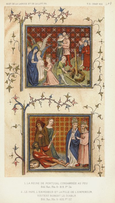 Die Königin von Portugal zum Feuer verurteilt, der Papst, der Kaiser und die Tochter des Kaisers (Farblithografie) von French School