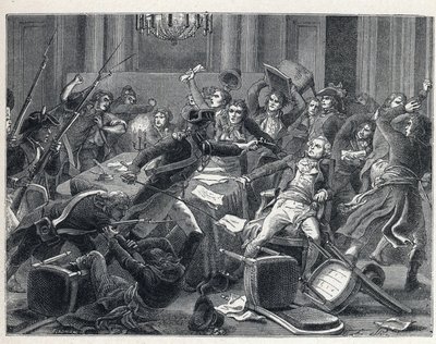 Der Terror während der Französischen Revolution: Verhaftung von Maximilien de Robespierre (1758-1794) und seinen Anhängern im Hôtel de Ville de Paris am 9. Thermidor Jahr II (27. Juli 1794). In der Mitte schießt ein Gendarm mit einer Pistole auf Robespierr von French School