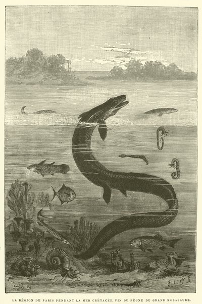 Die Region von Paris während der Kreidezeit, Ende der Herrschaft des großen Mosasaurus (Gravur) von French School