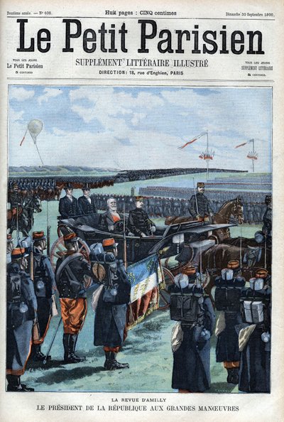 Die Revue von Amilly: Der Präsident der Französischen Republik Émile Loubet bei den großen Manövern - in „Le Petit Parisien“ von French School