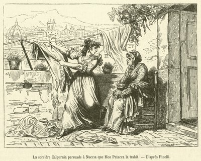 Die Hexe Calpurnia überzeugt Nuccia, dass Meo Patacca sie verrät (Gravur) von French School