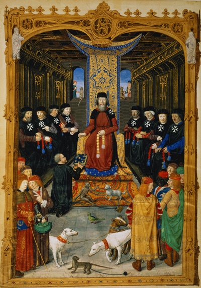 Der Autor widmet sein Buch Pierre dAubusson, Großmeister des Ordens von St. Johannes von Jerusalem, aus A History of the Siege of Rhodes, von Guillaume Caoursin, 1483 von French School