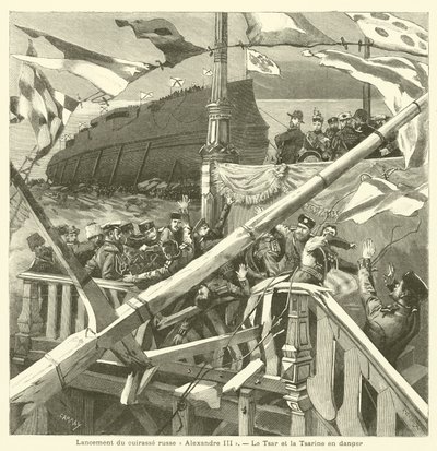 Stapellauf des russischen Schlachtschiffs Imperator Aleksandr III (Gravur) von French School