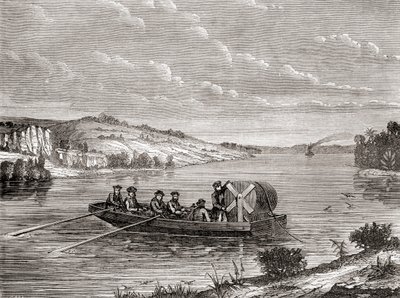 Verlegung eines Telegraphenkabels unter einem amerikanischen Fluss um 1860, aus Les Merveilles de la Science, veröffentlicht um 1870 (Stich) von French School