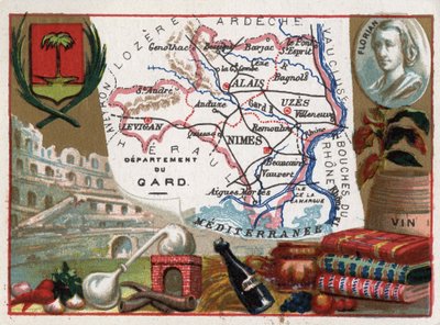 Le Gard (30), Languedoc-Roussillon, Frankreich - Lokale Spezialität: Eau de Vie (Destillationsapparat) und Wein - Porträt von Jean-Pierre-Claris (Jean Pierre Claris) de Florian (1755-1794) - Serie über die französischen Departements - Chromolithographie von French School