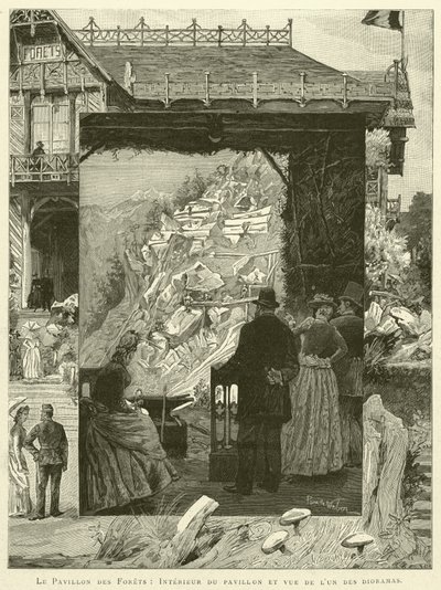Der Pavillon des Waldes, Innenansicht des Pavillons und Blick auf eines der Dioramen von French School