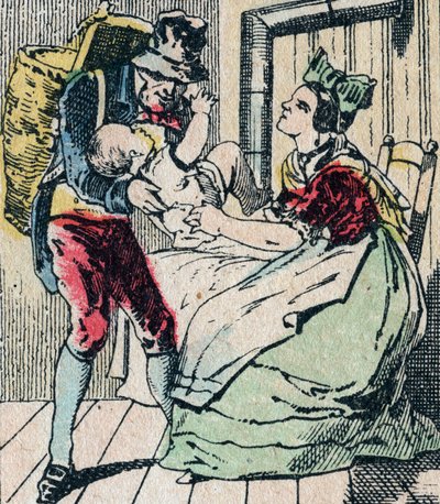 Le Pere Fouettard, französische Figur des Peitschvaters, legendäre Figur des Folklore, die unartige Kinder bestraft und ungehorsame Kinder einsperrt, Epinal-Bild 19. Jahrhundert (Gravur) von French School