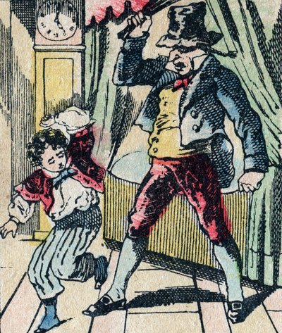 Le Pere Fouettard, legendäre Figur des Folklore, die unartige Kinder mit seiner Peitsche bestraft und ungehorsame Kinder einsperrt, Epinal-Bild von French School
