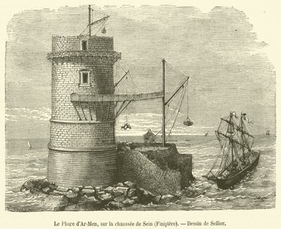 Der Leuchtturm von Ar-Men, auf der Chaussee von Sein, Finistère (Stich) von French School