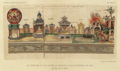 Das Theater, in dem die Passion 1547 in Valenciennes aufgeführt wurde (Farblithographie) von French School