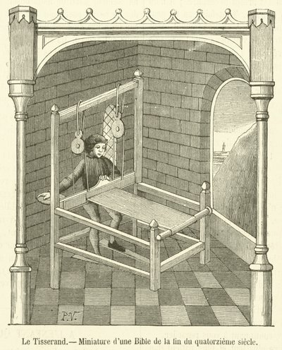 Der Weber, Miniatur aus einer Bibel des späten 14. Jahrhunderts von French School