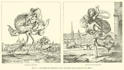 Der Friedhof der Unschuldigen im Jahr 1640, Faksimile von zwei Stichen von La Bella von French School