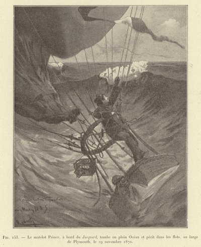 Matrose Prince, an Bord der Jacquard, fällt in den Ozean und ertrinkt, vor Plymouth, 29. November 1870 (Gravur) von French School