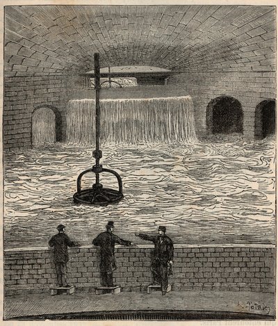 Das Reservoir von Montsouris (Reservoir de la Vanne), eines der fünf Hauptwasserreservoirs von Paris - Gravur in „Wissenschaften für alle - Physik und Chemie populär“ von Alexis Clerc - Ende 19. Jahrhundert - Private Sammlung von French School
