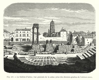 Das Theater von Arles; Gesamtansicht der Bühne, aufgenommen von den letzten Stufen der ultima cavea von French School