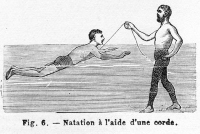Schwimmen lernen mit einer Schnur, veröffentlicht 1885, Gravur, 1885 von French School