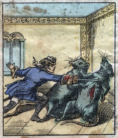 Lemuel Gulliver kämpft gegen Ratten im Land der Riesen von Brobdingnag. Illustration für "Gullivers Reisen" von Jonathan Swift. Epinal-Bildgebung Ende des 19. Jahrhunderts. von French School