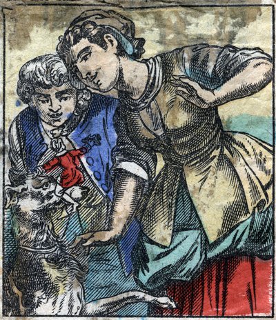 Lemuel Gulliver im Land der Riesen von Brobdingnag. Illustration für "Gullivers Reisen" von Jonathan Swift. Epinal-Bildgebung Ende des 19. Jahrhunderts. von French School