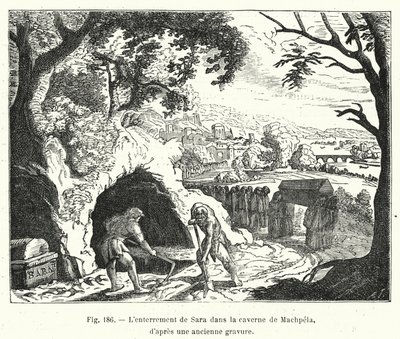 Das Begräbnis von Sara in der Höhle von Machpela, nach einem alten Stich von French School