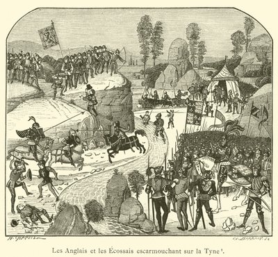 Die Engländer und die Schotten kämpfen an der Tyne (Stich) von French School