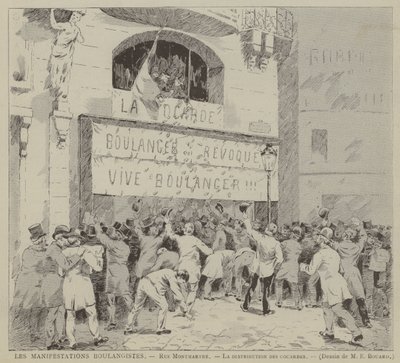 Die Boulangistischen Manifestationen, Rue Montmartre, Die Verteilung der Kokarden (Gravur) von French School