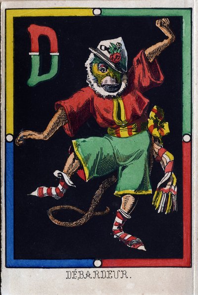 Buchstabe D wie Deflektor. Affenalphabet. Holzgravur. Bild von Epinal von French School