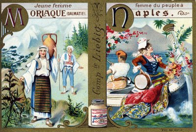 Buchstabe M als Morlac-Jungfrau und N als Frau des Volkes in Neapel. Frauenalphabet. Serie von 12 Bildern. Liebig-Werbung von French School
