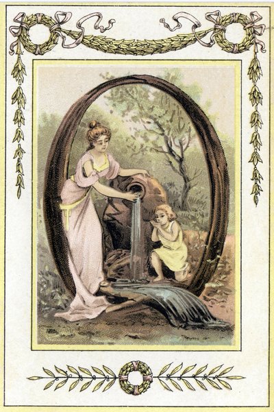 Buchstabe Q, der eine Mutter und ihren Sohn darstellt, die Wasser aus der Quelle trinken, späte 19. Jahrhundert (Chromolithographie) von French School