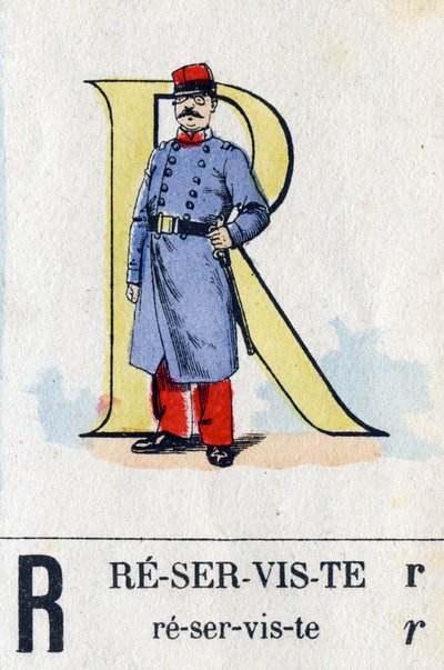 Buchstabe R als Reservist. Militäralphabet. Bild von Epinal, um 1870-1880. Schablonenfarbige Holzschnitte von French School