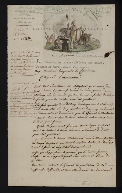 Brief von der Agence Generale des Armes, Poudres et Mines, Brüssel, nach der Annexion der südlichen Niederlande durch Frankreich von French School