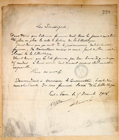Protestbrief, der den Zutritt von Frauen zur Sorbonne-Bibliothek verweigert von French School