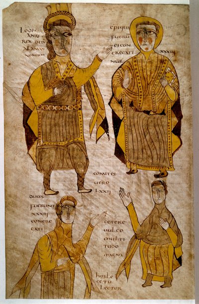Lodhanri, König der Alemannen (oder Alemannen: germanischer Stamm), umgeben von einem Bischof, einem Herzog und einem Grafen. Manuskript „Breviaire d