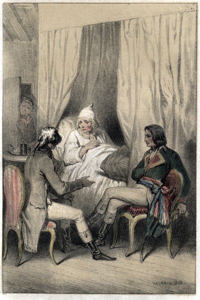 Louis Antoine Fauvelet de Bourienne (1769-1834), französischer Diplomat und Verwalter, und General Napoleon Bonaparte (1769-1821) bitten einen kranken alten Kapitalisten um Geld für den Italienfeldzug. Platte aus „Scenes de la vie des hommes famous“ Gravur von French School